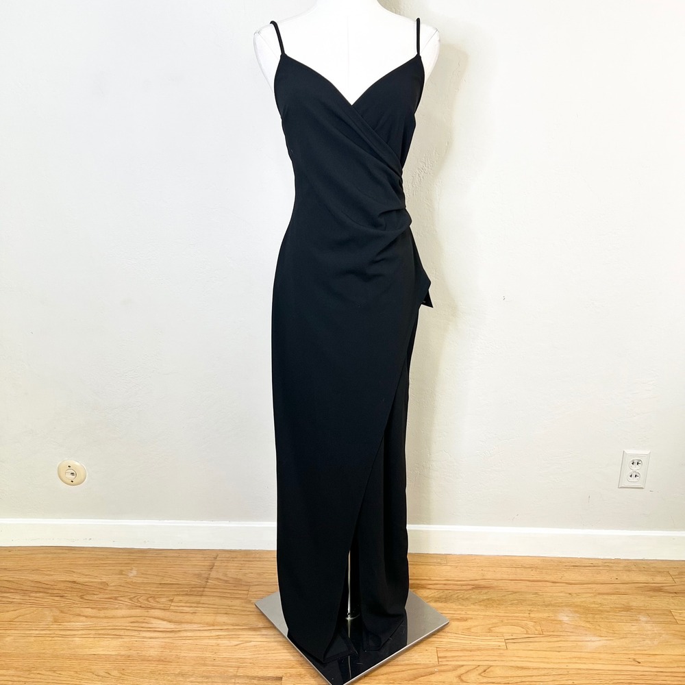 Lulus Maxi Dress Size Medium Black Surplice Ruched Slit V-Neck Unlined NEW